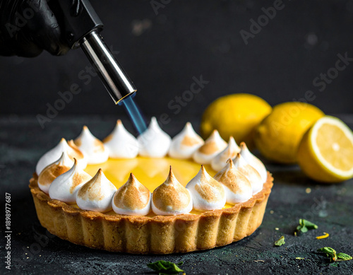 Obraz na płótnie Hand with torch caramelizing meringue
