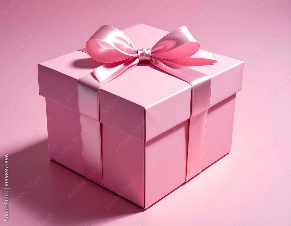 Obraz premium A square pink gift box, adorned with a matching satin bow and ribbon, placed on a pink surface. Soft lighting creates shadows