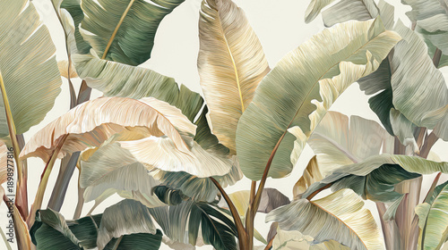 Tropical Resort Vibe, Bright and lush banana leaf artwork capturing the essence of exotic resorts, summer travel, and beach lifestyle, ideal for travel ads and holiday decor.
