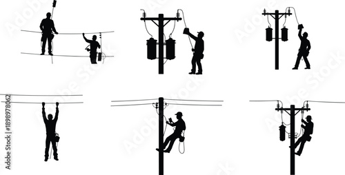 Silhouettes of utility linemen working on power lines and poles, illustrating electrical maintenance, safety, and infrastructure labor services industry