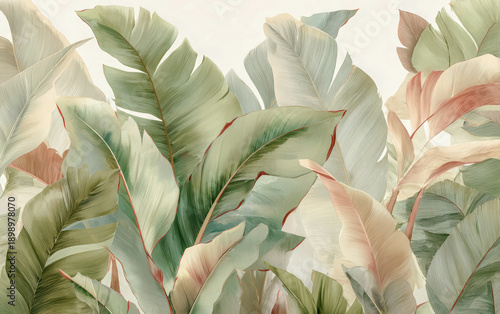 Tropical Resort Vibe, Bright and lush banana leaf artwork capturing the essence of exotic resorts, summer travel, and beach lifestyle, ideal for travel ads and holiday decor.