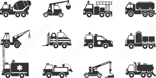 Construction and emergency service vehicles vector illustration, heavy equipment trucks, ambulance, crane, tow truck, fire engine, tanker, and industrial transport icons design