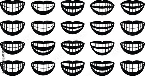 Smiling mouth and teeth silhouettes collection showing various happy expressions, cartoon lips and grin shapes in black vector style
