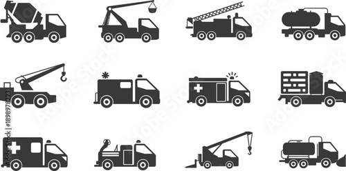 Construction and emergency service vehicles vector illustration, heavy machinery, crane truck, concrete mixer, tow truck, ambulance, fire truck, and tanker design icons