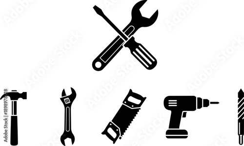 Construction and repair tools icon set illustration, wrench screwdriver hammer drill and saw symbols for maintenance and engineering work, isolated on white background, black vector design