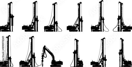 Construction drilling rig and pile driver silhouette set vector illustration, detailed heavy machinery collection, engineering equipment outline for stock design assets, isolated on white.