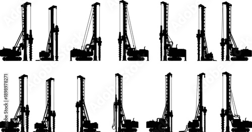 Construction Piling Rig Machine Black Silhouette Vector Set, Industrial Drilling Equipment Graphic Icons, Foundation Work Heavy Machinery, Civil Engineering and Building Site Concept Elements.
