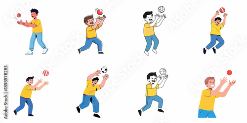 Collection of happy young boys in various poses catching or reaching for different sports balls, illustrating playtime, sport, and physical activity.