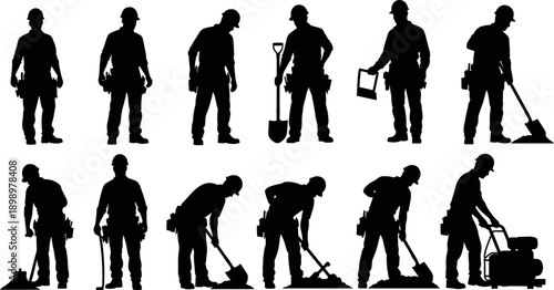 Construction worker silhouette collection, manual labor and industrial job activities set with tools, black vector illustration isolated on white background for industry and workforce design