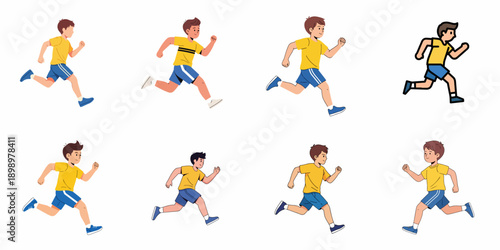 Set of Eight Diverse Cartoon Illustrations Showing a Young Boy Running or Jogging in Sports Gear, Depicting Themes of Fitness and Active Childhood.