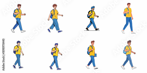 Set of eight diverse young male students walking with backpacks. Flat vector illustration collection of happy teenagers heading to school or university.