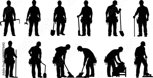 Construction worker silhouette set illustration, builders using tools in different working poses, industrial labor concept isolated on white background, professional black vector design