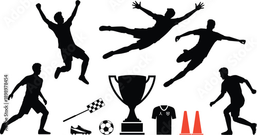 Soccer player action silhouette set with trophy ball and training equipment illustrating football victory competition vector design illustration