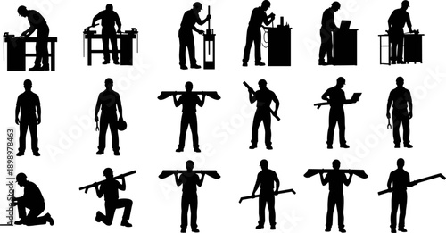 Construction worker silhouettes and industrial labor poses collection, black vector illustration set showing tools, machinery, engineering work, professional trades