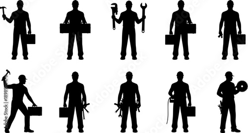 Construction worker silhouettes set, professional handyman with tools vector, building contractor icons isolated on white background, industrial labor workforce for engineering design project.