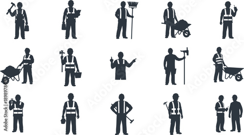 Construction worker silhouettes vector illustration set, laborer safety vest poses, industrial tools and teamwork scenes, isolated black icons for engineering and building concepts