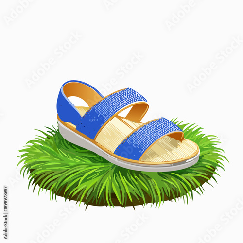 Blue Sandal with Rhinestones on Grass.