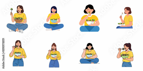 Diverse set of young women enjoying healthy vegetable salads. Concept illustration of wholesome nutrition and happy healthy lifestyle.