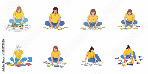 Set of illustrations showing a young woman focused on solving a jigsaw puzzle, representing concentration, leisure activity, and problem-solving.