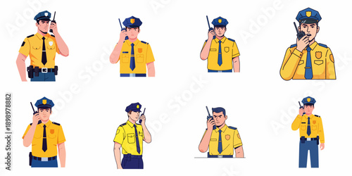 Collection of Cartoon Police Officers Communicating on Walkie-Talkies. Various vector illustrations of male law enforcement and security personnel isolated on white.