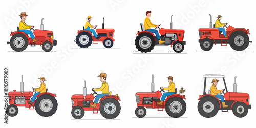 Set of vector icons and avatars featuring farmers operating different red agricultural tractors for farming and agriculture work.