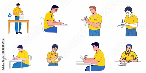 Collection of male doctors writing medical prescriptions and notes in various poses, professional health care vector illustration set.