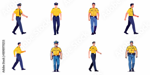 Vector set of diverse police officers or security guards in uniform walking and standing, isolated on white background.