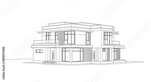 Detailed Architectural Wireframe Sketch of a Contemporary Residential Building Design Concept Isolated on White