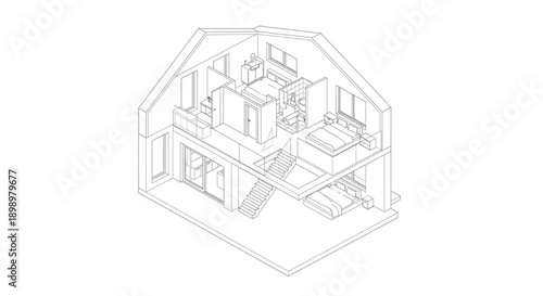 Isometric architectural illustration of a modern two-story house interior layout with detailed room arrangements and a garage