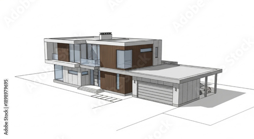 Modern architectural residential building design with garage and balconies