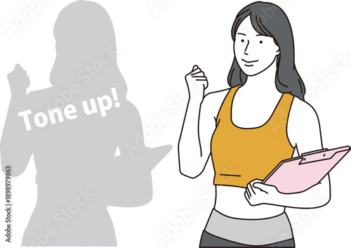 ガッツポーズをする女性パーソナルトレーナーのイラスト素材