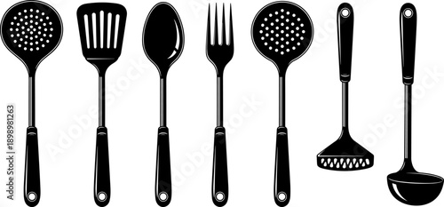 Cooking and serving utensils vector silhouette set, kitchenware flatware collection, slotted spoons, spatula, fork, ladle, and turner icon graphic design isolated.