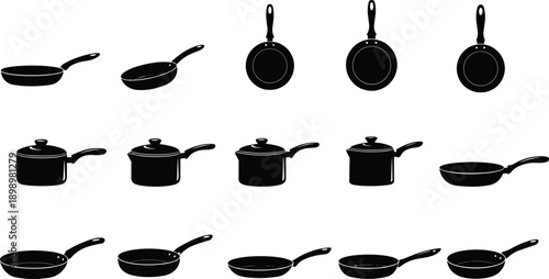 Cooking pan vector illustration set, black and white kitchen cookware silhouettes, frying pans saucepans collection, household cooking utensils, minimal flat design icons