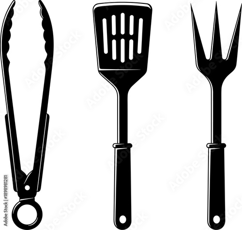 Cooking tongs, spatula, and fork vector silhouette set, barbecue and serving utensils, kitchen flatware graphic icons, food preparation equipment design isolated.