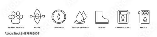 Outdoor Exploration Icons set vector illustration outline with Animal tracks, Kayak, Compass, Water springs, Boots, Canned food, Match
