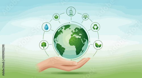 A person's hand holding a green earth globe sphere as a symbolic eco concept for global nature protection and environmental care to save the planet world