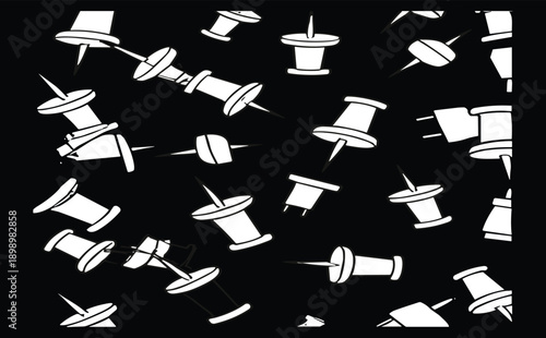 White push pin silhouettes seamless pattern on black background, office stationery vector illustration for notice board, organization, and design