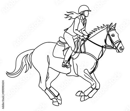 Hand drawn line art illustration of an equestrian rider on a horse depicting dynamic motion for equestrian sports