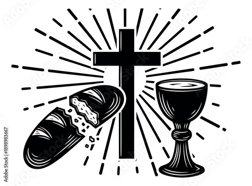 Vintage style line art eucharist symbols set featuring a cross, broken bread, and a chalice for christian worship