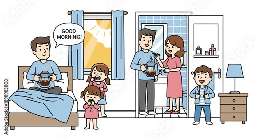 A group of people featuring a mother and father in front of a mirror with a boy and kids in a colorful cartoon vector illustration drawing