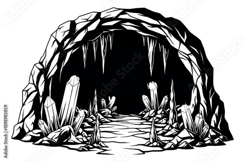 Stylized black and white line art illustration of a fantasy cave entrance depicting crystals and stalactites for adventure games