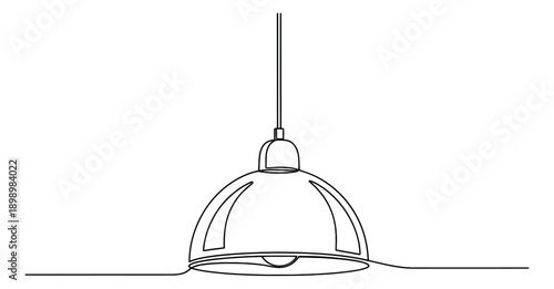 Hand drawn continuous line art illustration of a ceiling lamp depicting a minimalist hanging fixture for interior design concepts