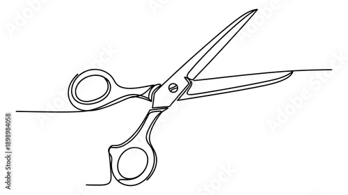 Continuous line art illustration of scissors depicting an open cutting tool for creative projects and design