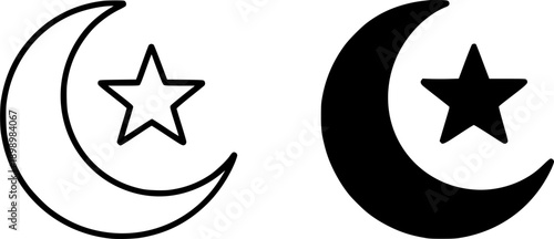 Islamic icon for Ramadan or Eid al-Fitr, vector illustration of crescent and star, black and white in outline and silhouette style