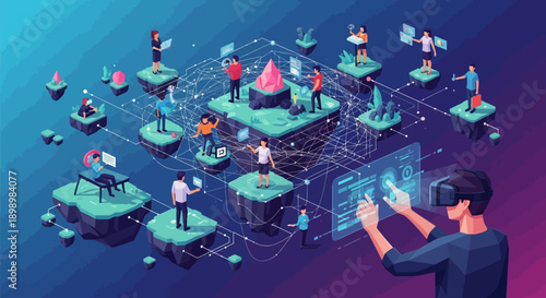 A man with a guitar performs at a music festival background where a digital globe and social network icons illustrate a global communication concept connecting people through technology