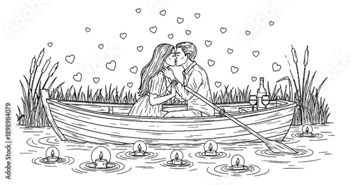 Hand drawn line art illustration of a couple in a rowboat depicting a romantic kiss for a special date