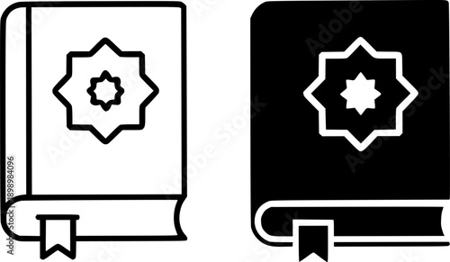 Islamic icon for Ramadan or Eid al-Fitr, vector illustration of the noble Quran, black and white in outline and silhouette style