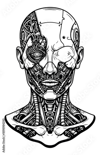 Detailed line art illustration of a cyborg head depicting intricate internal mechanisms for futuristic technology concepts