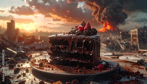 A slice of decadent chocolate cake sits amid a desolate cityscape consumed by flames and destruction