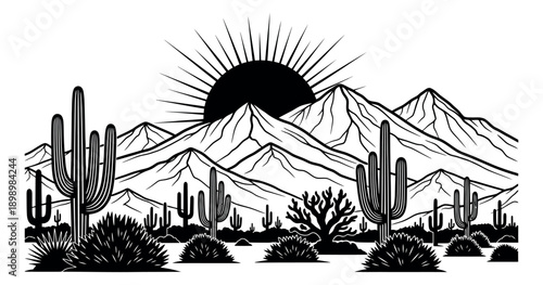 Line art illustration of a desert landscape depicting a sunrise for a natural theme